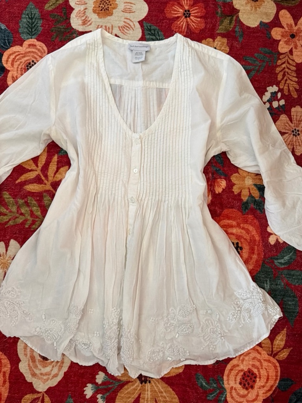 Soft Surroundings White Pintuck Button-Front Tunic with Beaded Hem